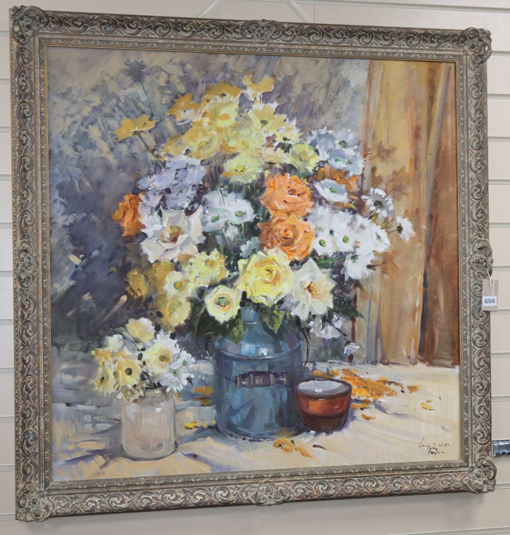 Lucy M Wiles (1920-2008), oil on canvas, Still life of roses, signed, 90 x 90cm